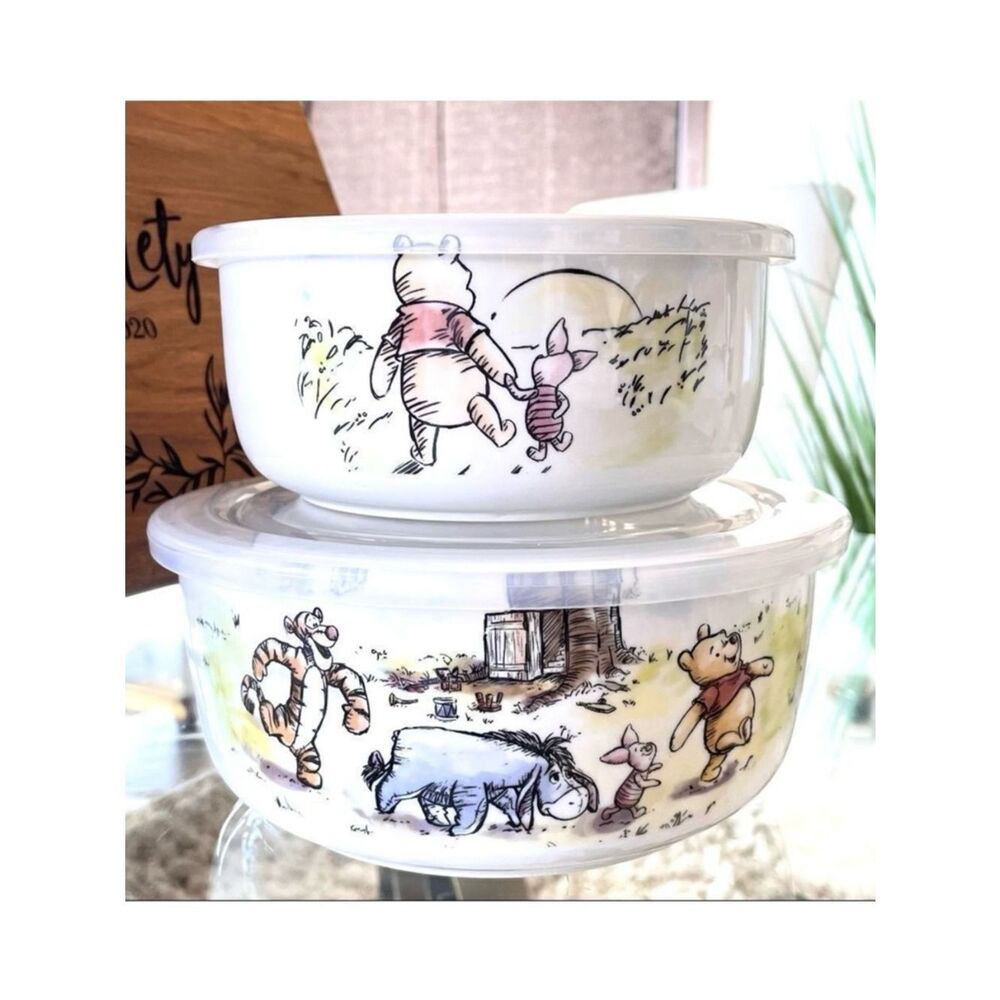 NWT Disney 2 Pc Winnie the Pooh Ceramic White Vented Food container 2 Pieces Set